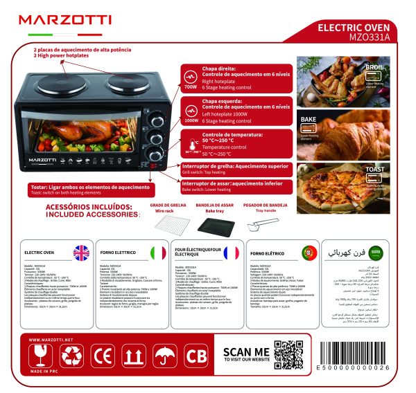 Marzotti Electric Oven 2 Hot Plates 3300W 33L - Image 2