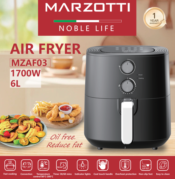 Marzotti NEW AIR FRYER 1700W 6L Convection Stainless steel heating elements - Image 2