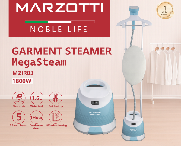 NEW Marzotti GARMENT STEAMER MegaSteam 1800W 1H Continues steam 1.6L Water Tank Ironing Board Clothes Iron Steamer Blue