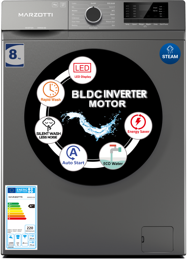 Washing Machine 8KG BLDC Inverter STEAM Energy Saving LED1200rpm SUS430 Low Noise