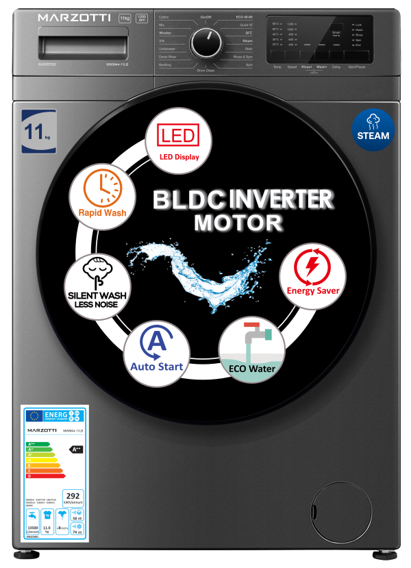 Washing Machine 11KG STEAM BLDC Inverter Motor Energy Saving Quick Wash Auto Start LED 1200rpm SUS430 Less Noise