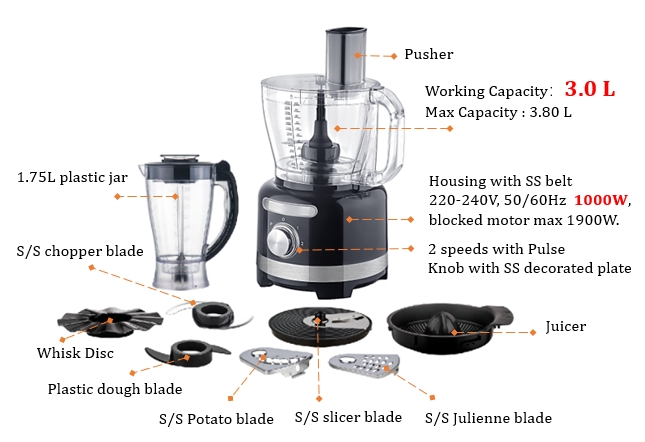 MARZOTTI FOOD PROCESSOR 9 IN 1 3L 1000W 2 Speeds Multifunction Full Copper Motor - Image 2